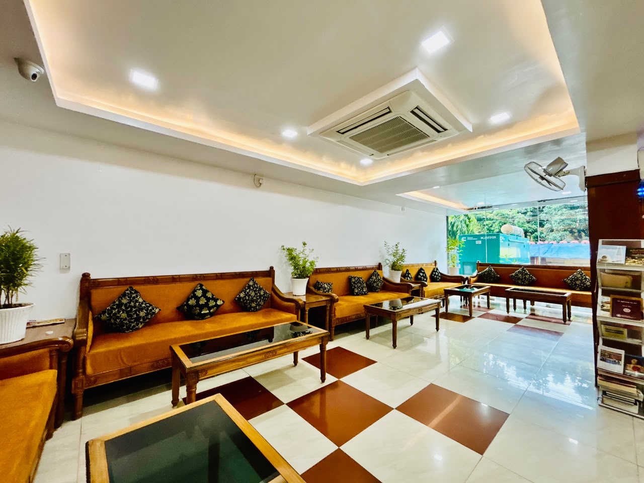 Lobby with gold Buddha relief wall