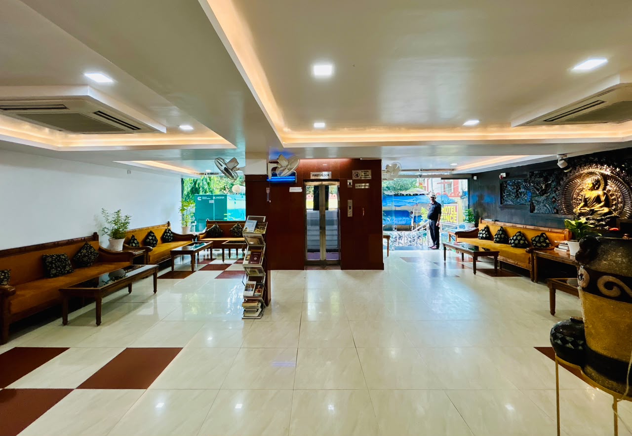 Lobby with Buddha statue at Hotel Tathagat
